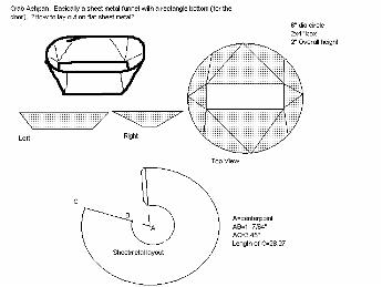 CrabAshPan 2006 - Here are my design thoughts for the ashpan.  I can make a cone out of sheet metal easy enough, but how do I put a rectangular opening on it??