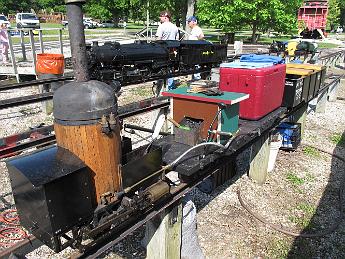 IMG_3200 6-May-2011 Mid-South Live Steamers, TN. The full trainset: The Crab, Engineers car with new coal-bunker seat, and two-passenger NYC gondola.